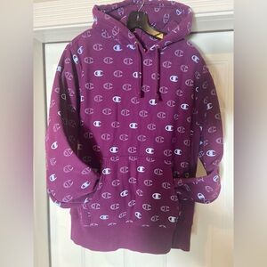 Champion~Men’s~Reverse Weave~All-Over Logo~Pullover~Sweatshirt~Hoodie~Size L